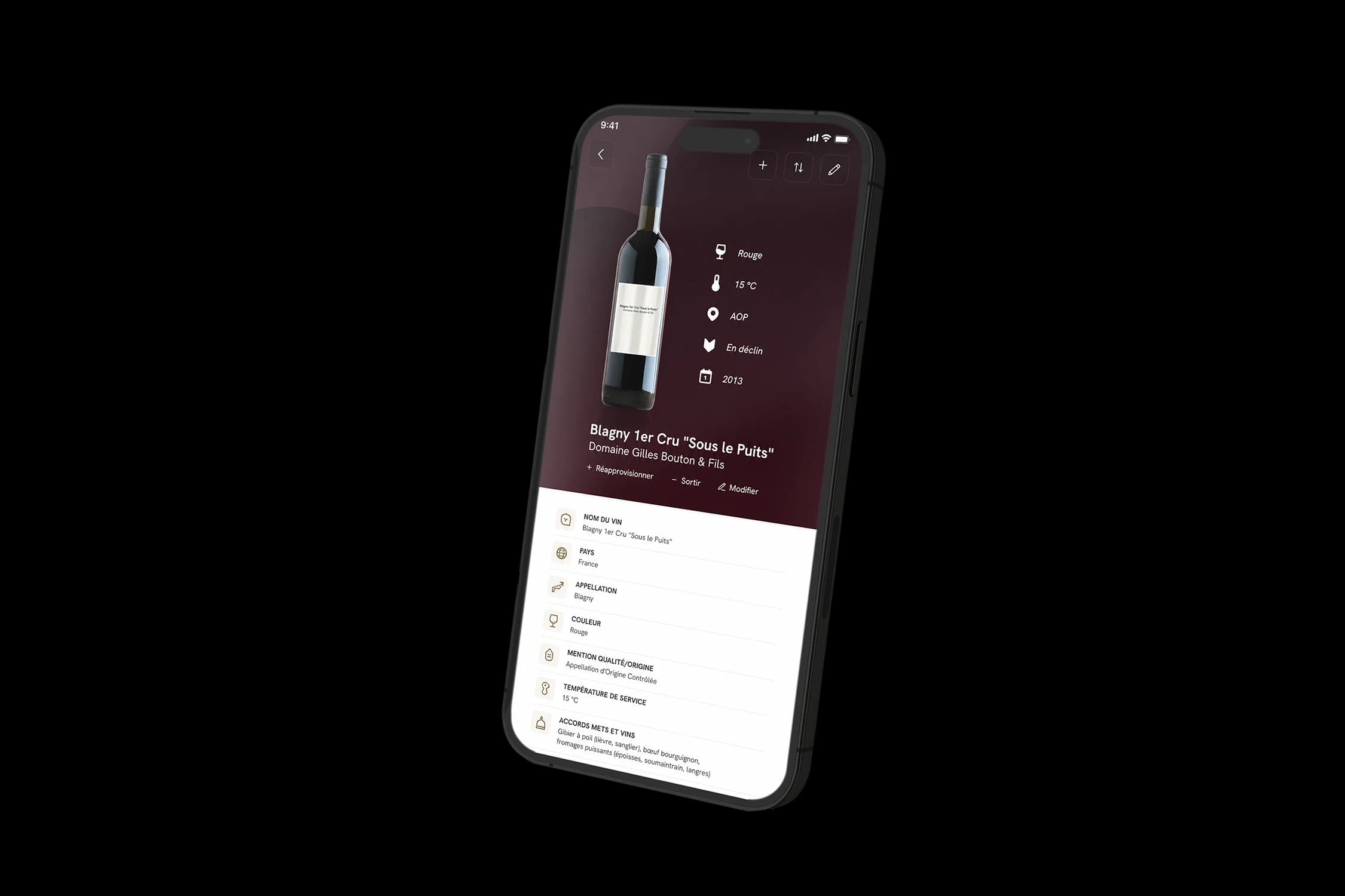 Application mobile Caves Explorer · liste des vins de la cave