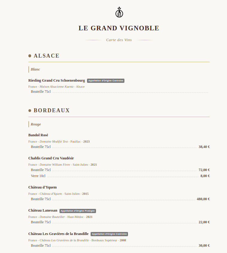 Carte des vins PDF