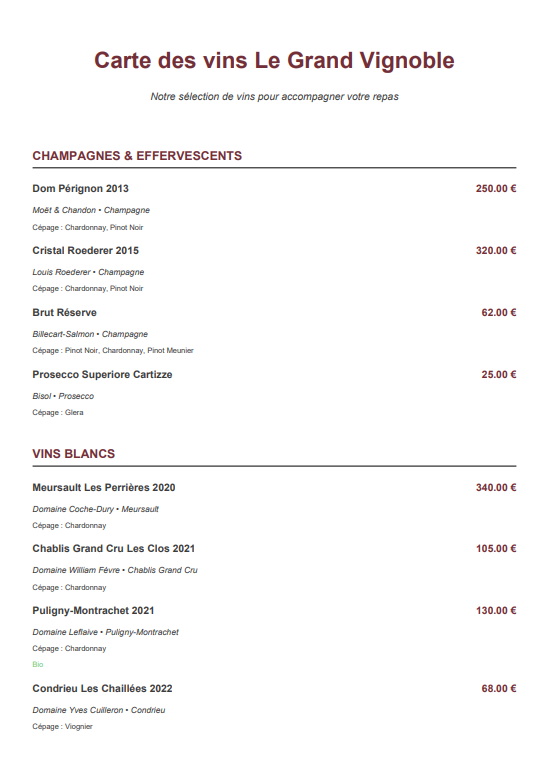 Carte des vins